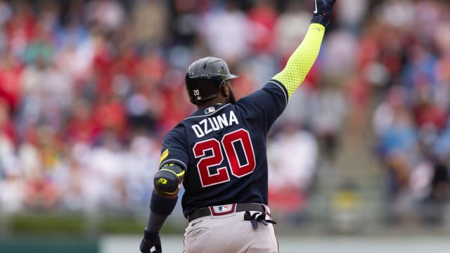 Jun 22, 2023; Philadelphia, Pennsylvania, USA; Atlanta Braves designated hitter Marcell Ozuna (20) reacts to his two RBI home run during the tenth inning against the Philadelphia Phillies at Citizens Bank Park. Mandatory Credit: Bill Streicher-USA TODAY Sports